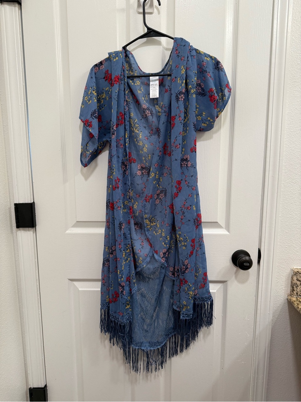 Time and Tru Blue Floral Kimono Cardigan with Fringe